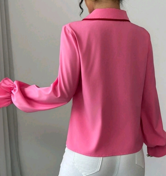 Pink Ruffle Cuff Bow Tie Blouse - Picture 2 of 4